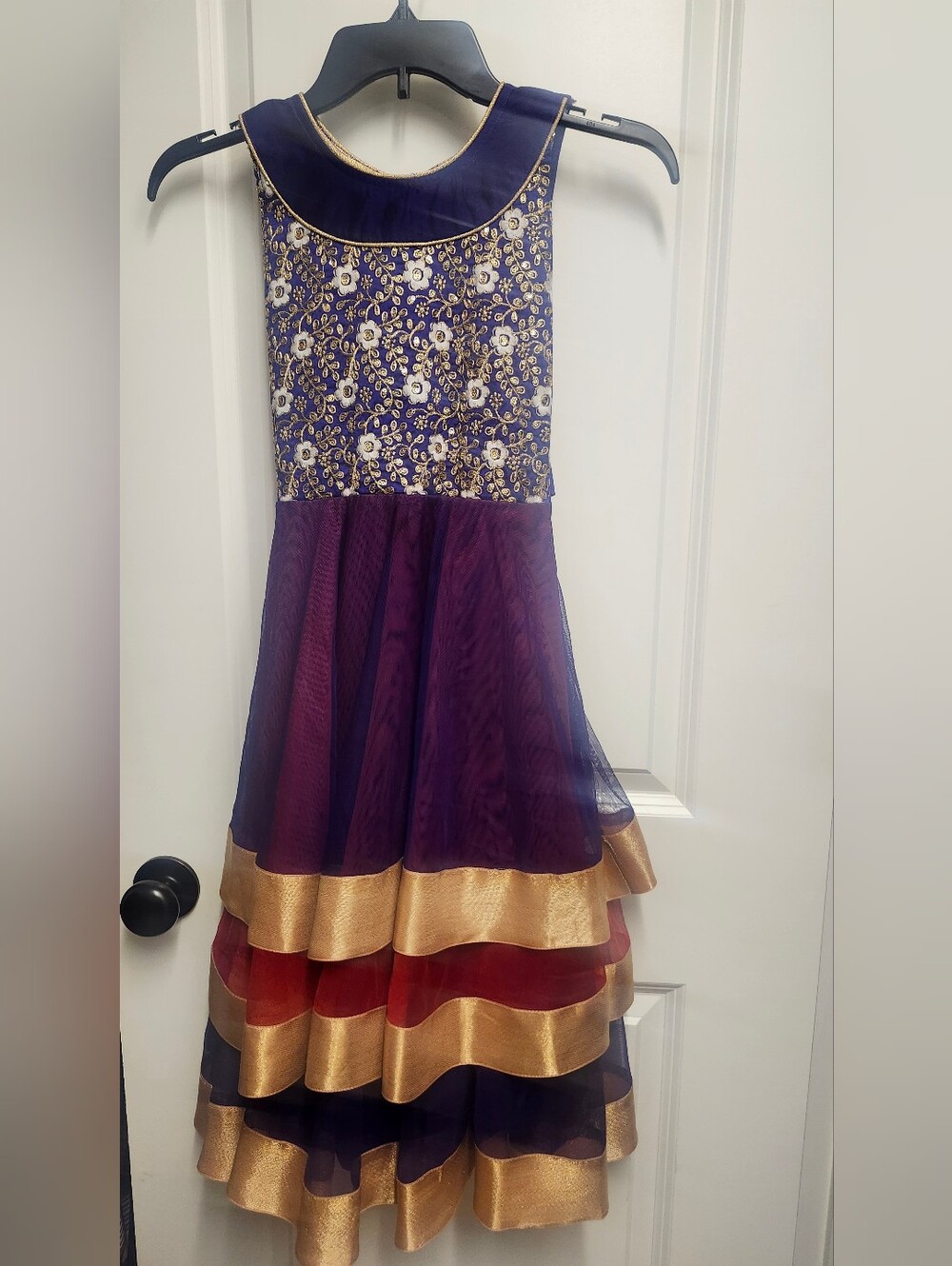 Indian Girls' Purple & Gold Embroidered Party Gown